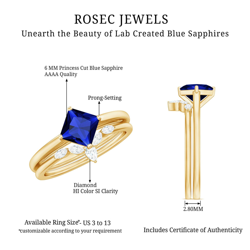 Lab Grown Sapphire Ring Princess Cut Bridal Set With Diamond