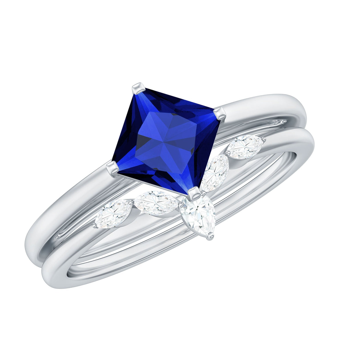 Lab Grown Sapphire Ring Princess Cut Bridal Set With Diamond
