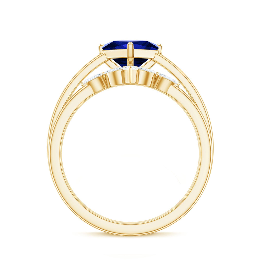 Lab Grown Sapphire Ring Princess Cut Bridal Set With Diamond