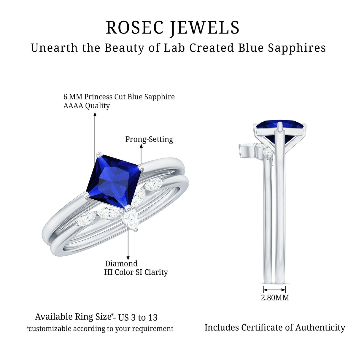 Lab Grown Sapphire Ring Princess Cut Bridal Set With Diamond