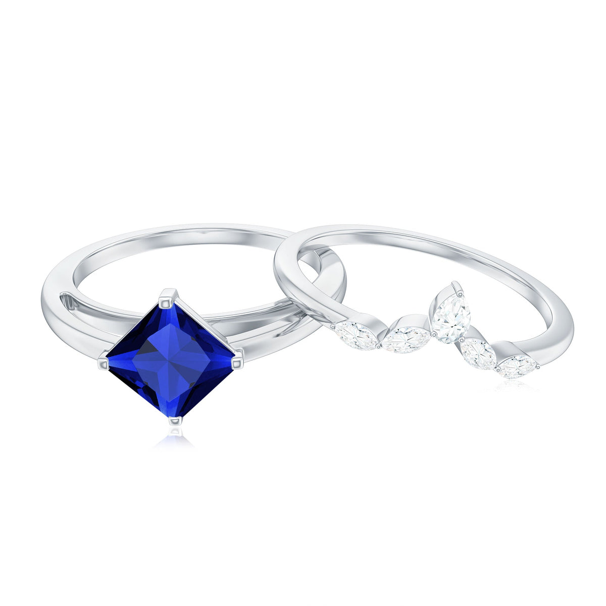 Lab Grown Sapphire Ring Princess Cut Bridal Set With Diamond