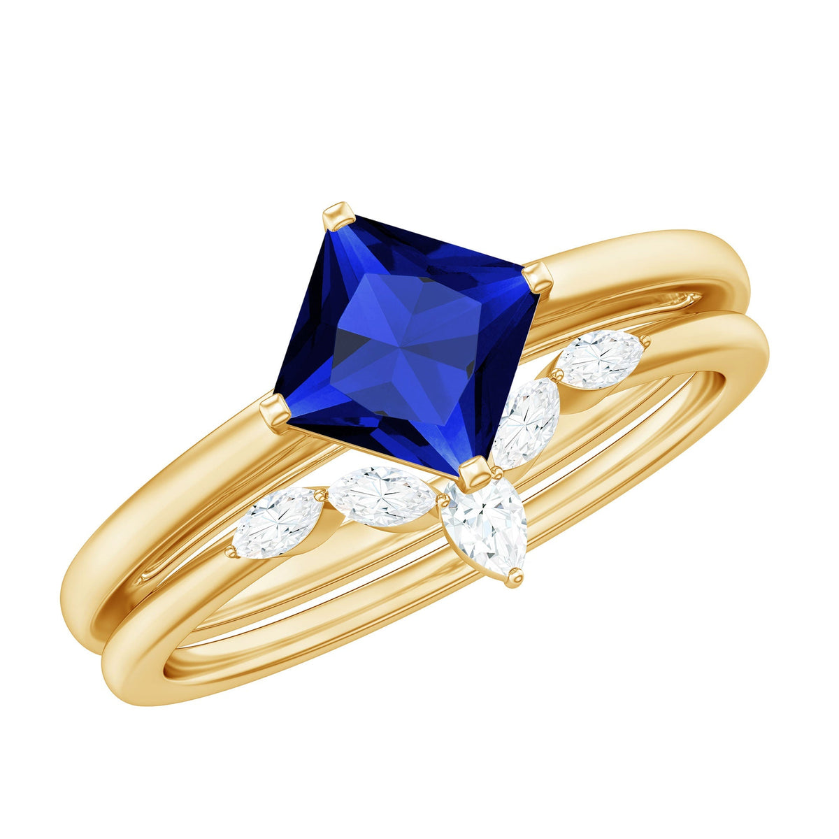 Lab Grown Sapphire Ring Princess Cut Bridal Set With Diamond