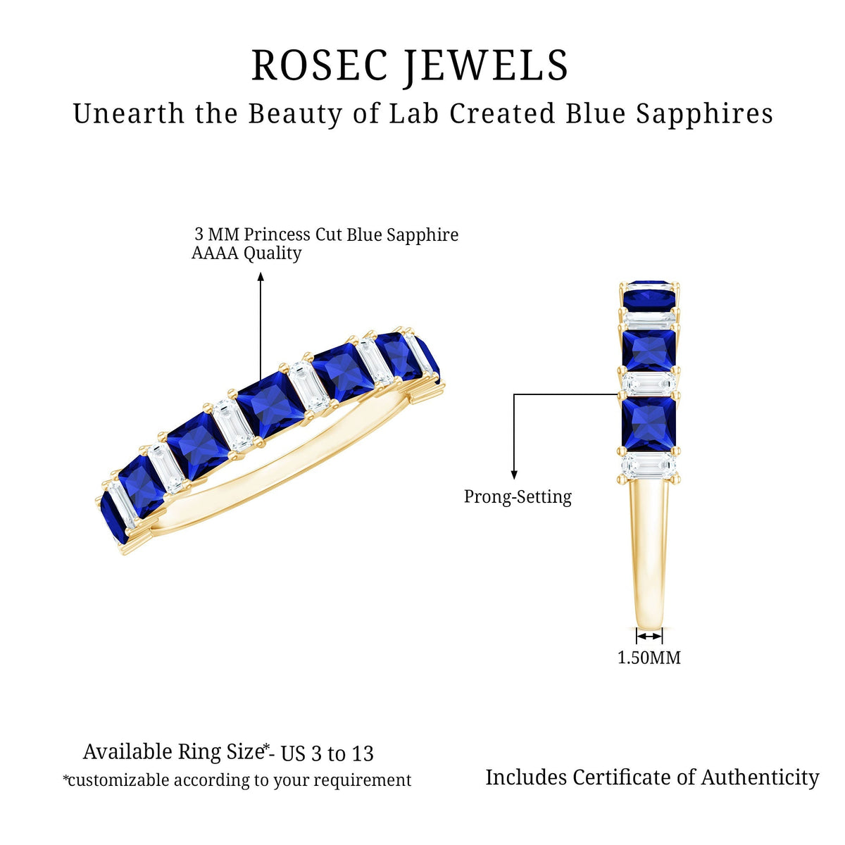 Lab Grown Sapphire Ring, Princess Cut Half Eternity With Diamond