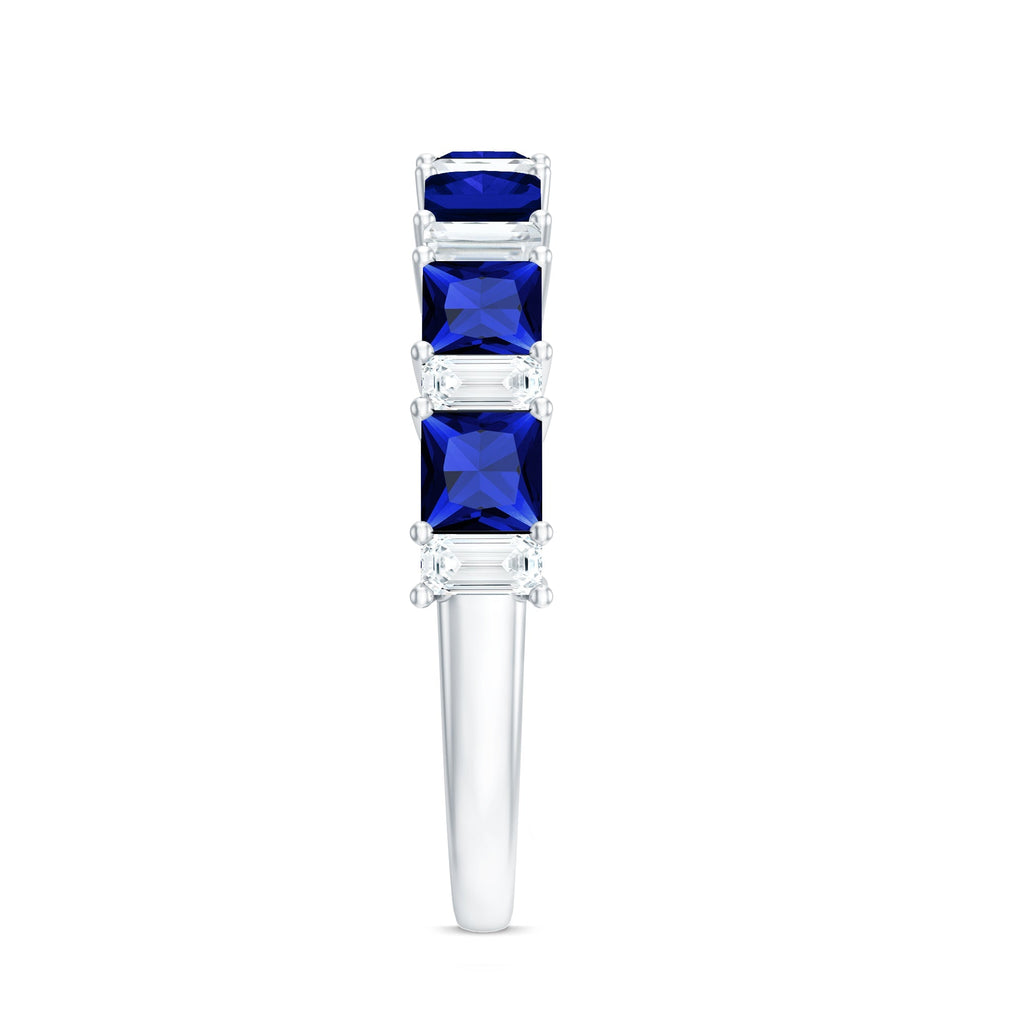 Lab Grown Sapphire Ring, Princess Cut Half Eternity With Diamond