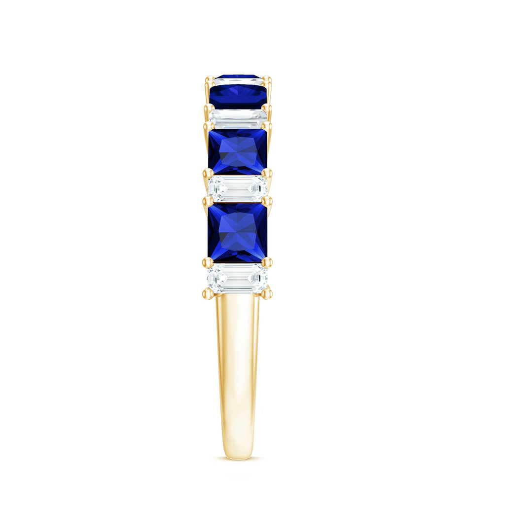 Lab Grown Sapphire Ring, Princess Cut Half Eternity With Diamond