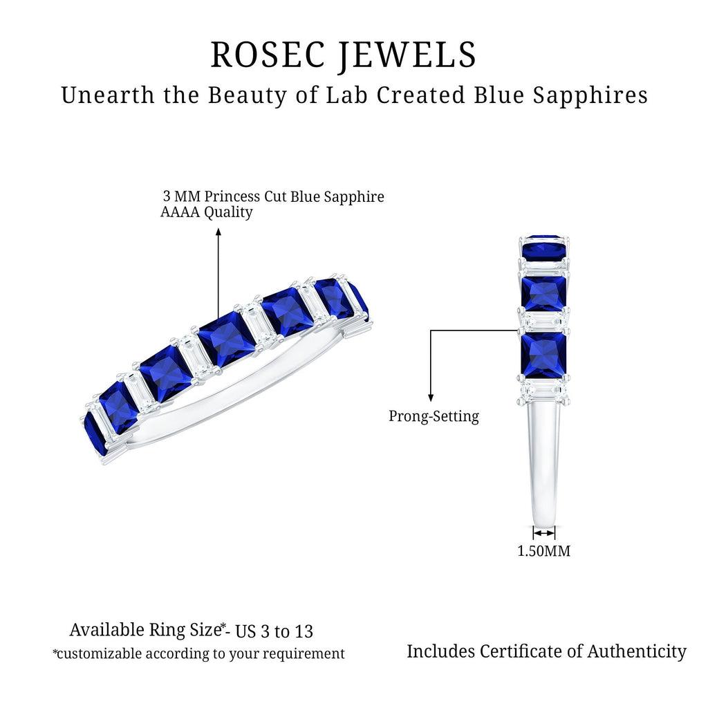 Lab Grown Sapphire Ring, Princess Cut Half Eternity With Diamond