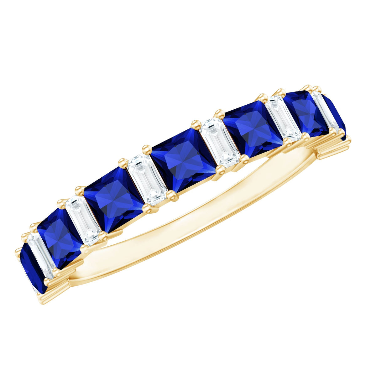 Lab Grown Sapphire Ring, Princess Cut Half Eternity With Diamond
