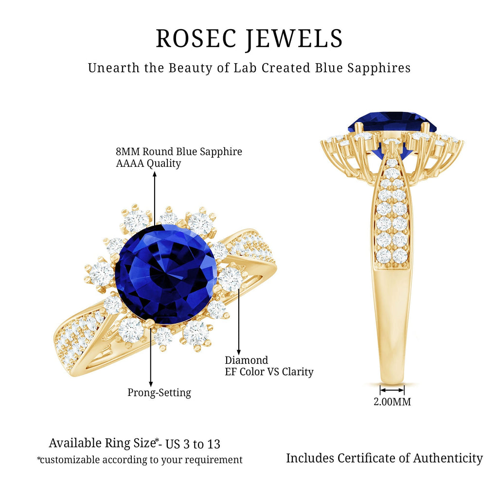 Lab Grown Sapphire Ring, Round Blue Sapphire, Diamond Accents