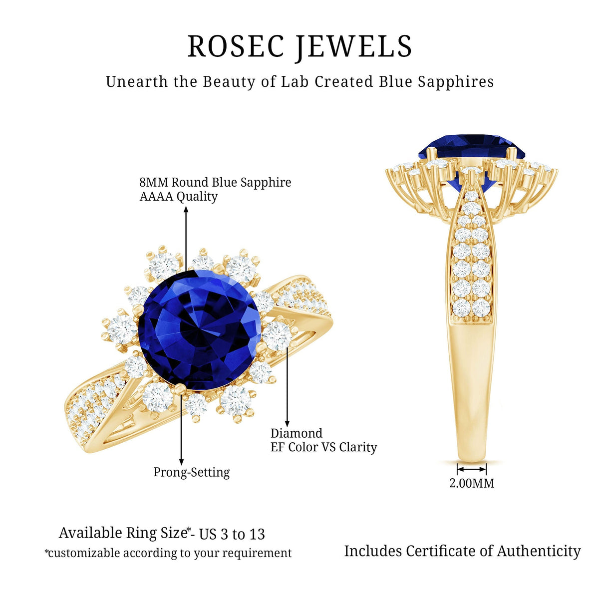 Lab Grown Sapphire Ring, Round Blue Sapphire, Diamond Accents