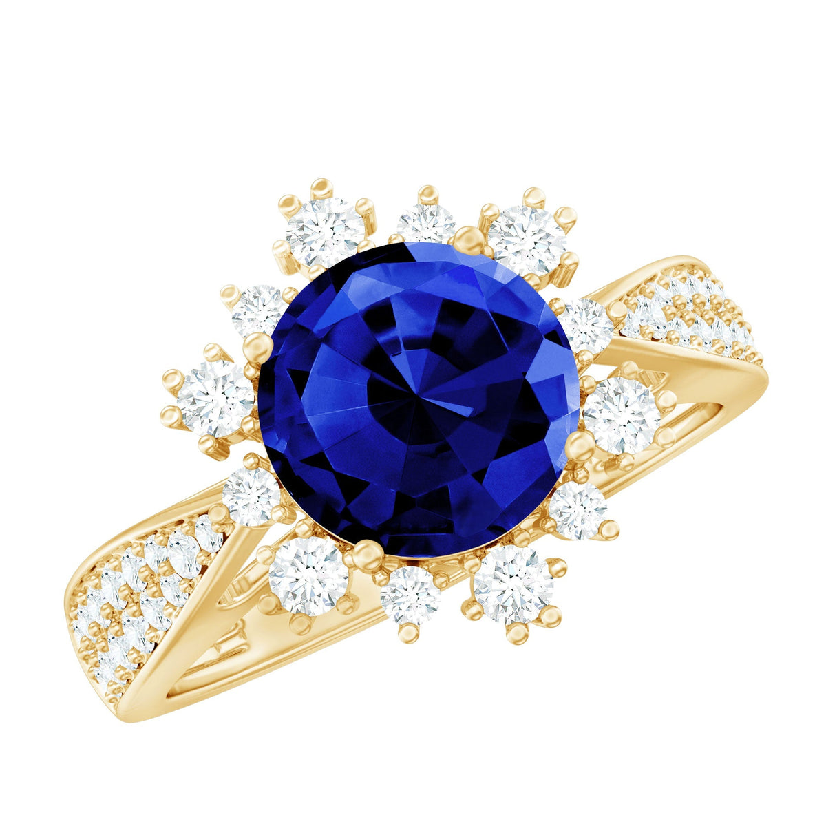 Lab Grown Sapphire Ring, Round Blue Sapphire, Diamond Accents