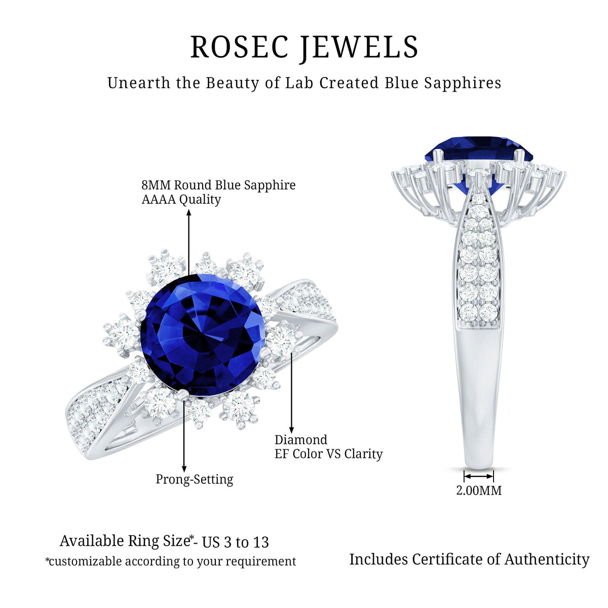 Lab Grown Sapphire Ring, Round Blue Sapphire, Diamond Accents