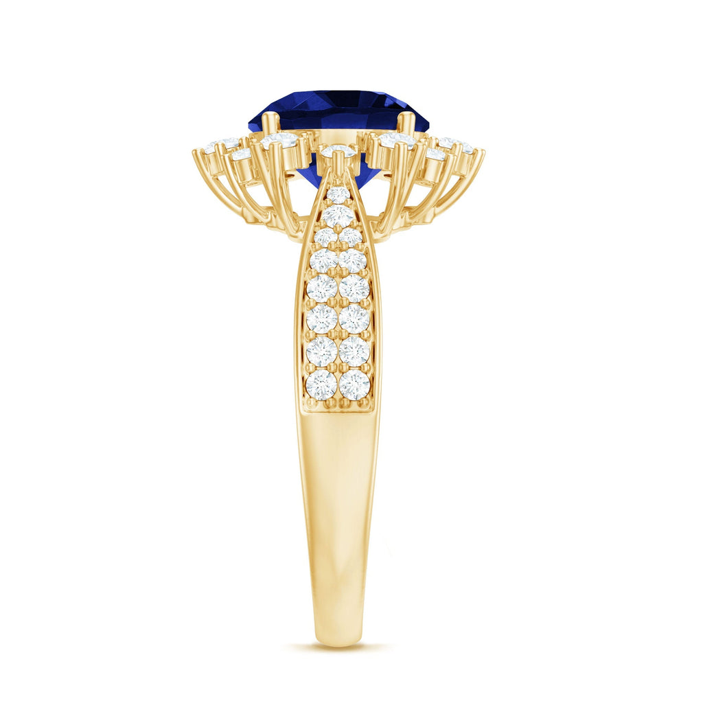 Lab Grown Sapphire Ring, Round Blue Sapphire, Diamond Accents