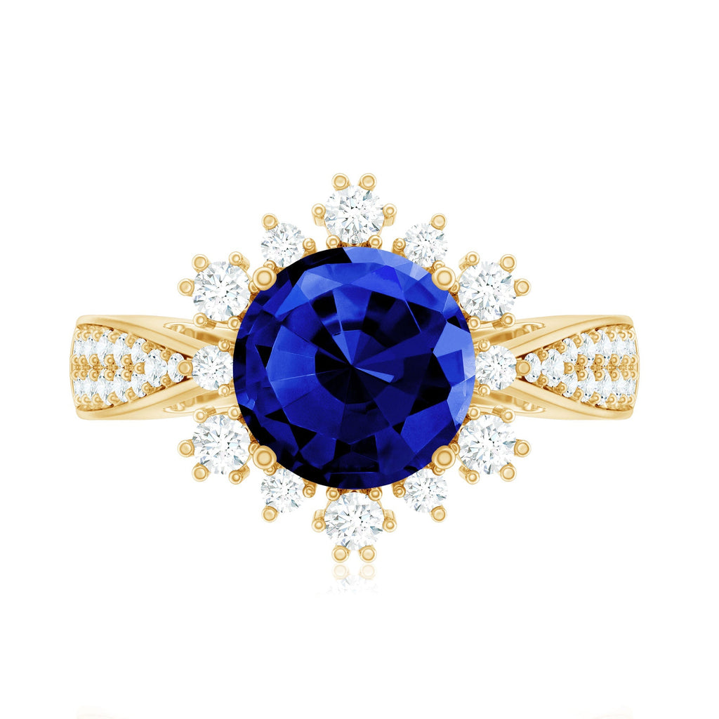 Lab Grown Sapphire Ring, Round Blue Sapphire, Diamond Accents