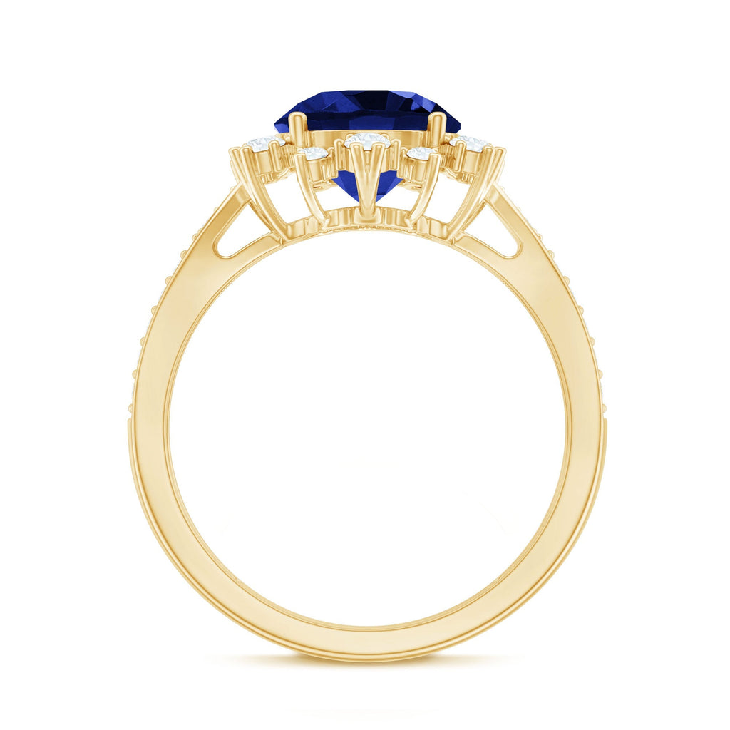 Lab Grown Sapphire Ring, Round Blue Sapphire, Diamond Accents