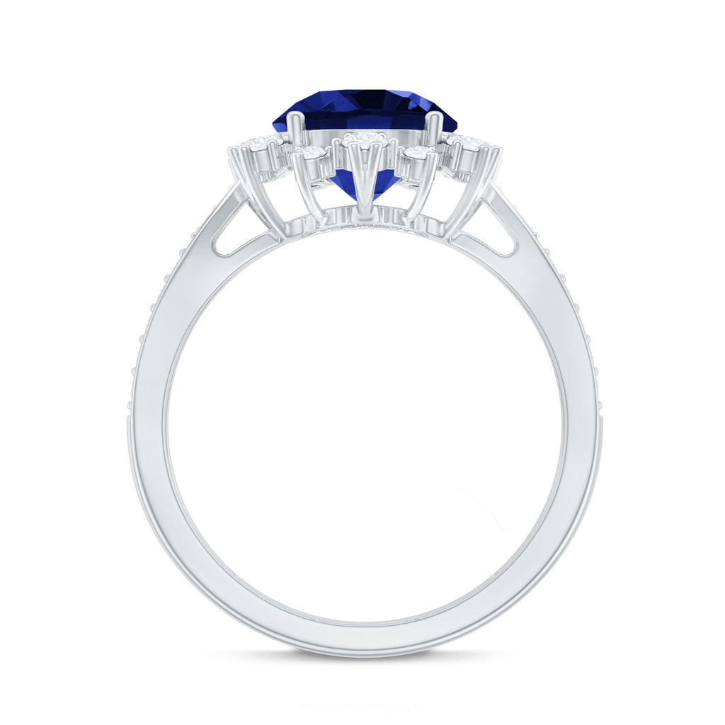 Lab Grown Sapphire Ring, Round Blue Sapphire, Diamond Accents
