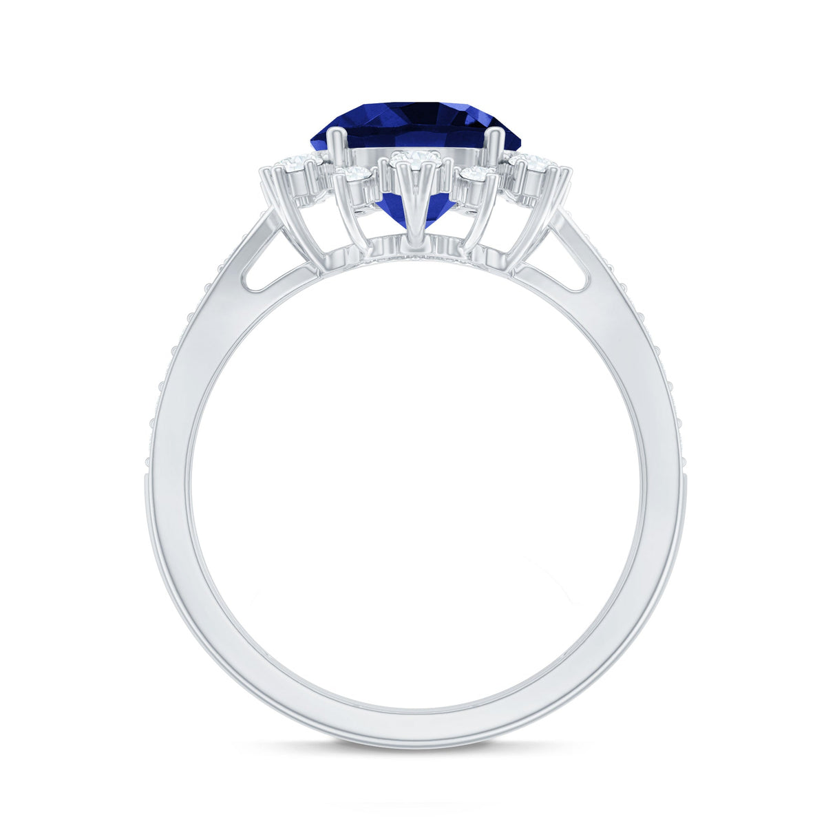 Lab Grown Sapphire Ring, Round Blue Sapphire, Diamond Accents