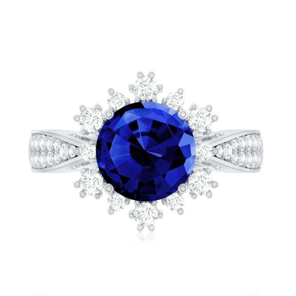 Lab Grown Sapphire Ring, Round Blue Sapphire, Diamond Accents