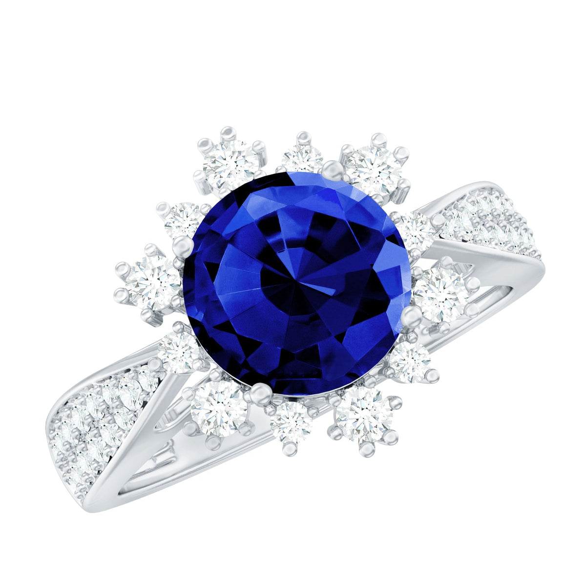 Lab Grown Sapphire Ring, Round Blue Sapphire, Diamond Accents