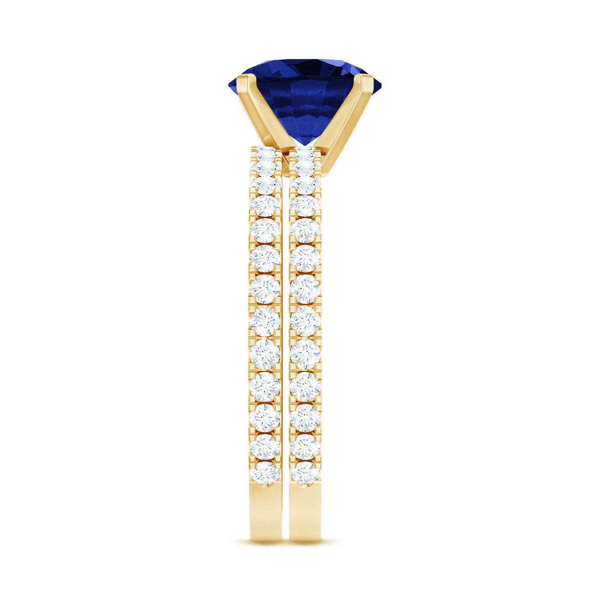 Lab Grown Sapphire Ring Set, Round Blue Solitaire With Diamonds
