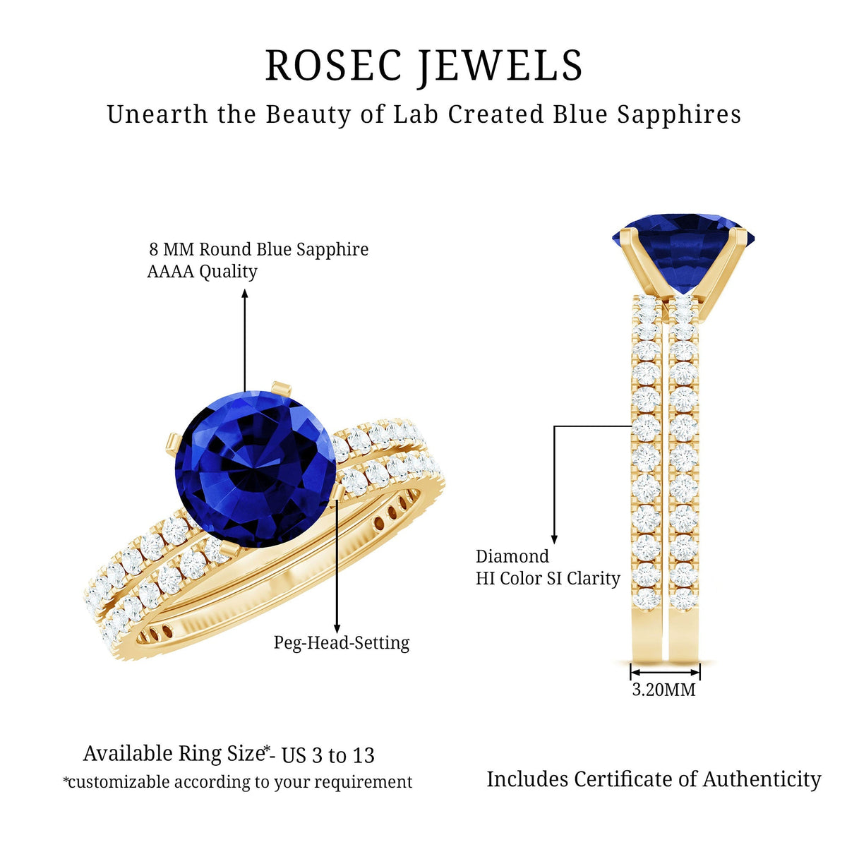 Lab Grown Sapphire Ring Set, Round Blue Solitaire With Diamonds
