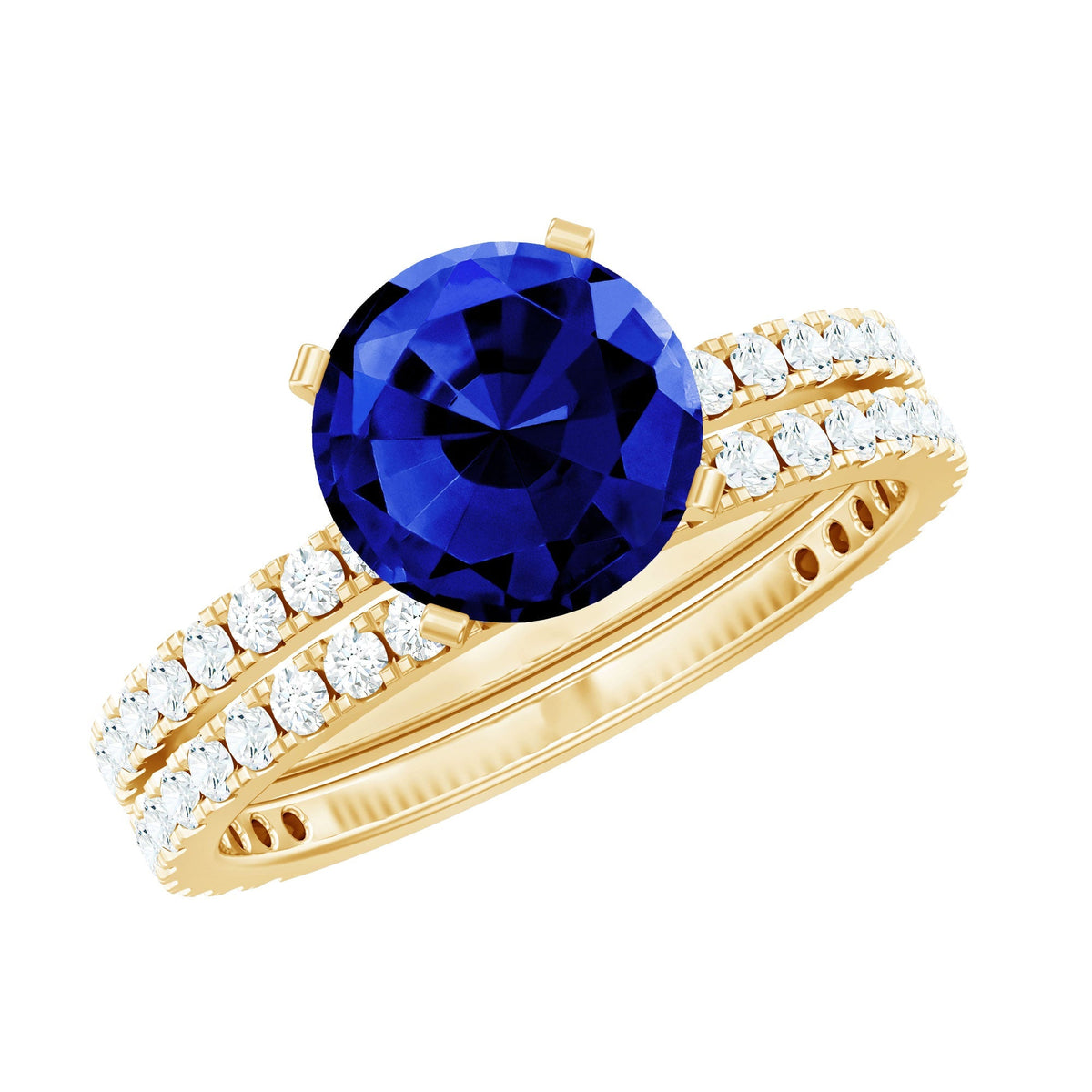 Lab Grown Sapphire Ring Set, Round Blue Solitaire With Diamonds