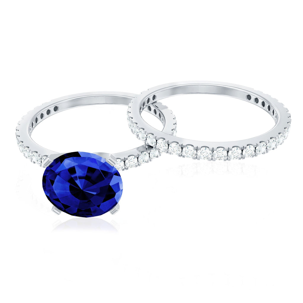 Lab Grown Sapphire Ring Set, Round Blue Solitaire With Diamonds