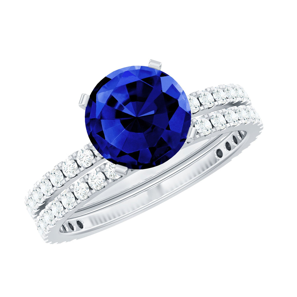 Lab Grown Sapphire Ring Set, Round Blue Solitaire With Diamonds