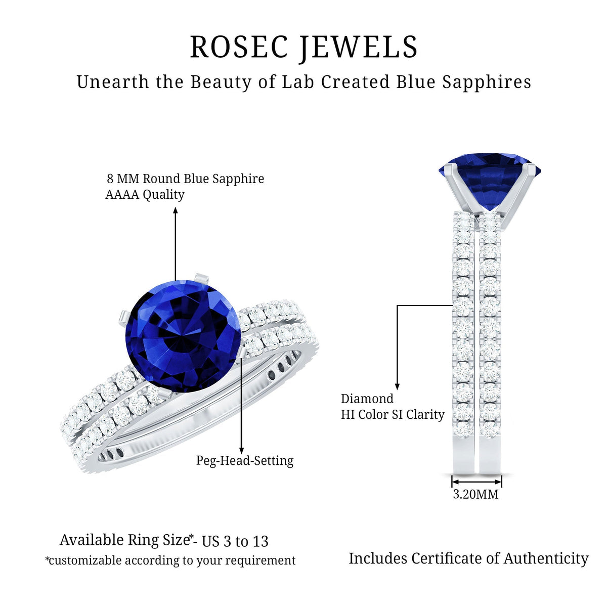 Lab Grown Sapphire Ring Set, Round Blue Solitaire With Diamonds