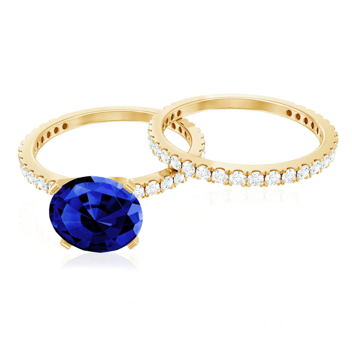 Lab Grown Sapphire Ring Set, Round Blue Solitaire With Diamonds