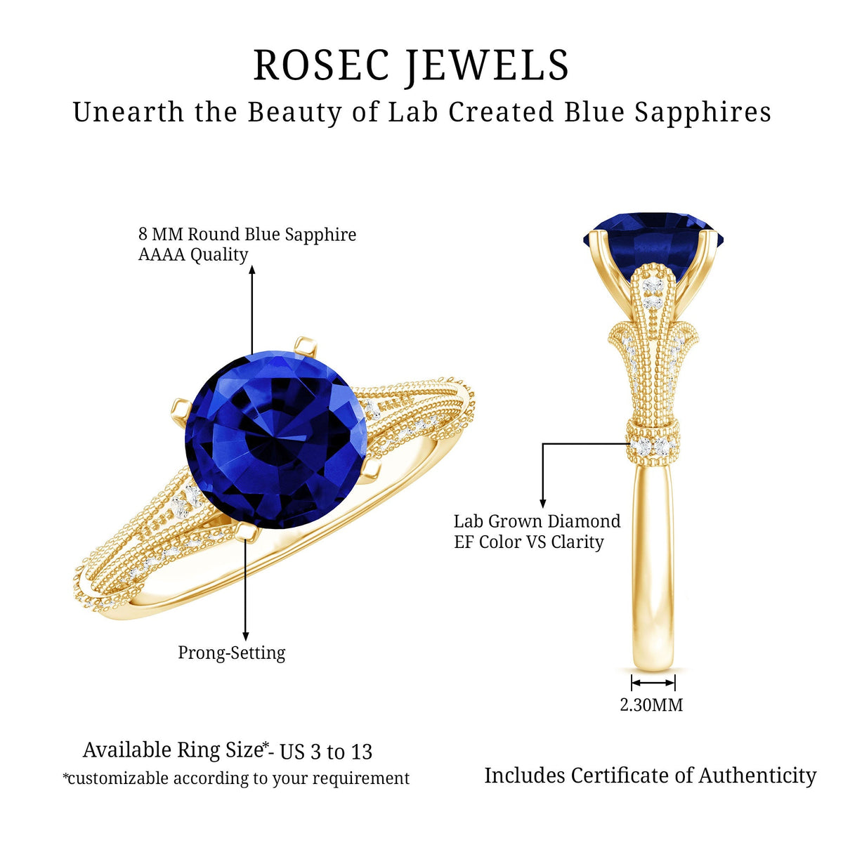 Lab Grown Sapphire Ring Vintage Blue Sapphire Diamond Style Ring