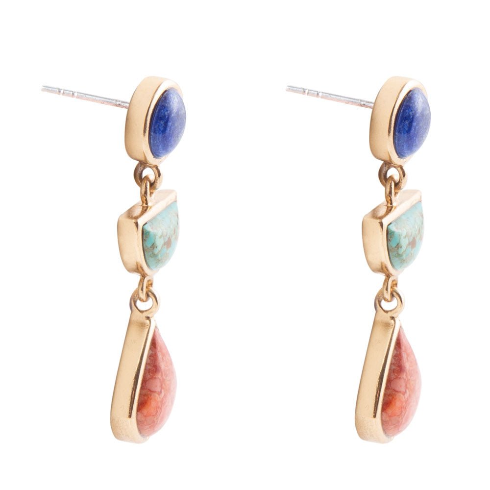 Blue Lapis Turquoise and Orange Sponge Coral Colorful Golden Drop Earrings