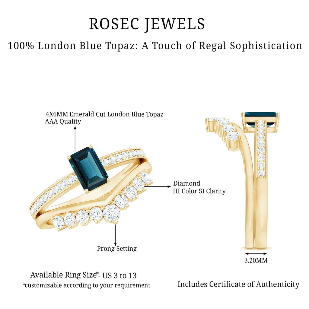 London Blue Topaz Engagement Ring with Diamond Wedding Band