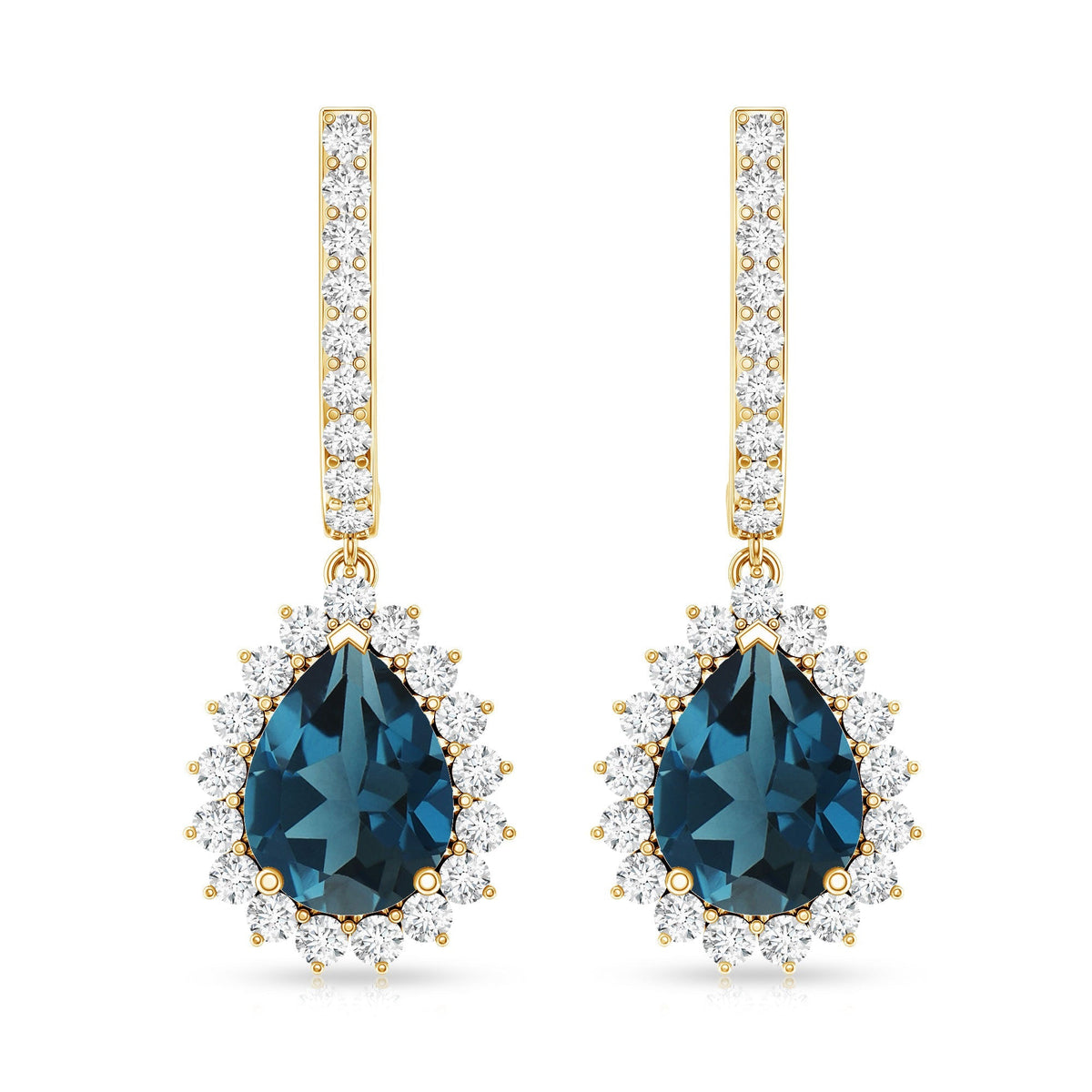 London Blue Topaz Teardrop Hoop Earrings with Diamond Halo