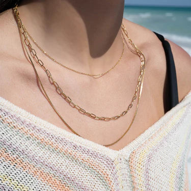 18K Gold PVD Stainless Steel Loop, Box, and Paperclip Layered Chain Necklace