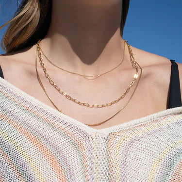 18K Gold PVD Stainless Steel Loop, Box, and Paperclip Layered Chain Necklace