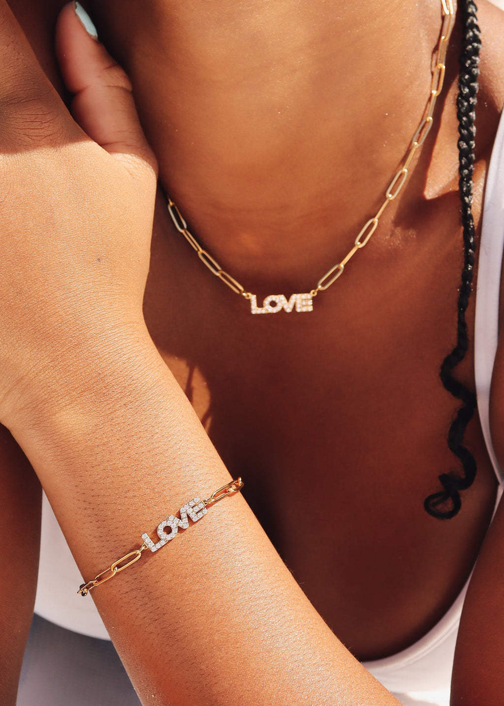 Gold Paperclip Bracelet – Adjustable 18K Gold Chain With CZ Stones & Love Pendant