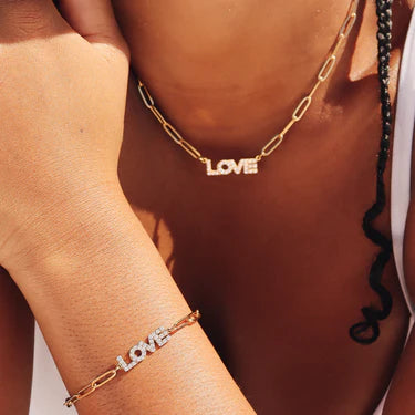 18K Gold PVD Stainless Steel CZ "Love" Paperclip Chain Bracelet