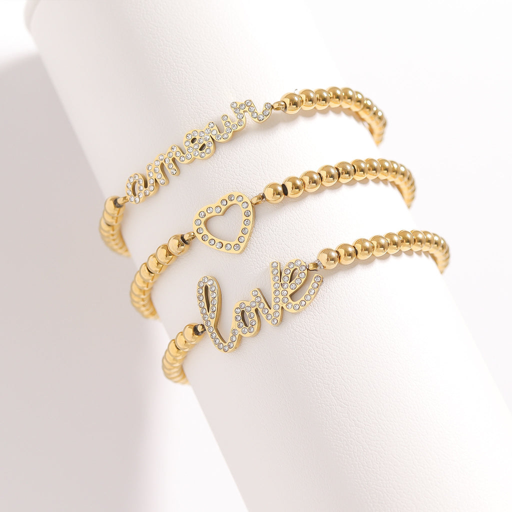 Gold Beaded Bracelet – 18K Gold Stretch Stainless Steel With Love Charm