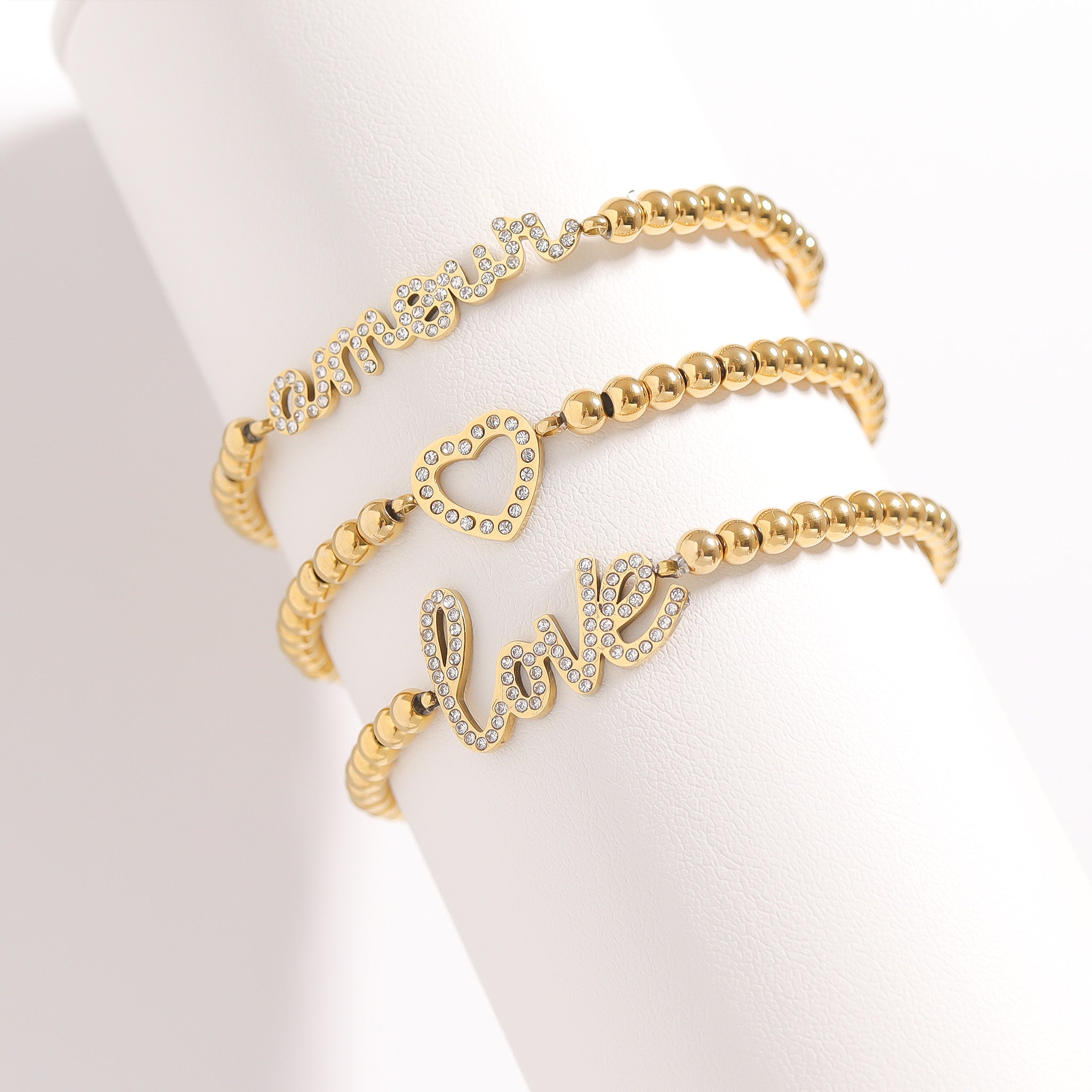Gold Beaded Bracelet – 18K Gold PVD Stainless Steel Stretch With Heart Charm