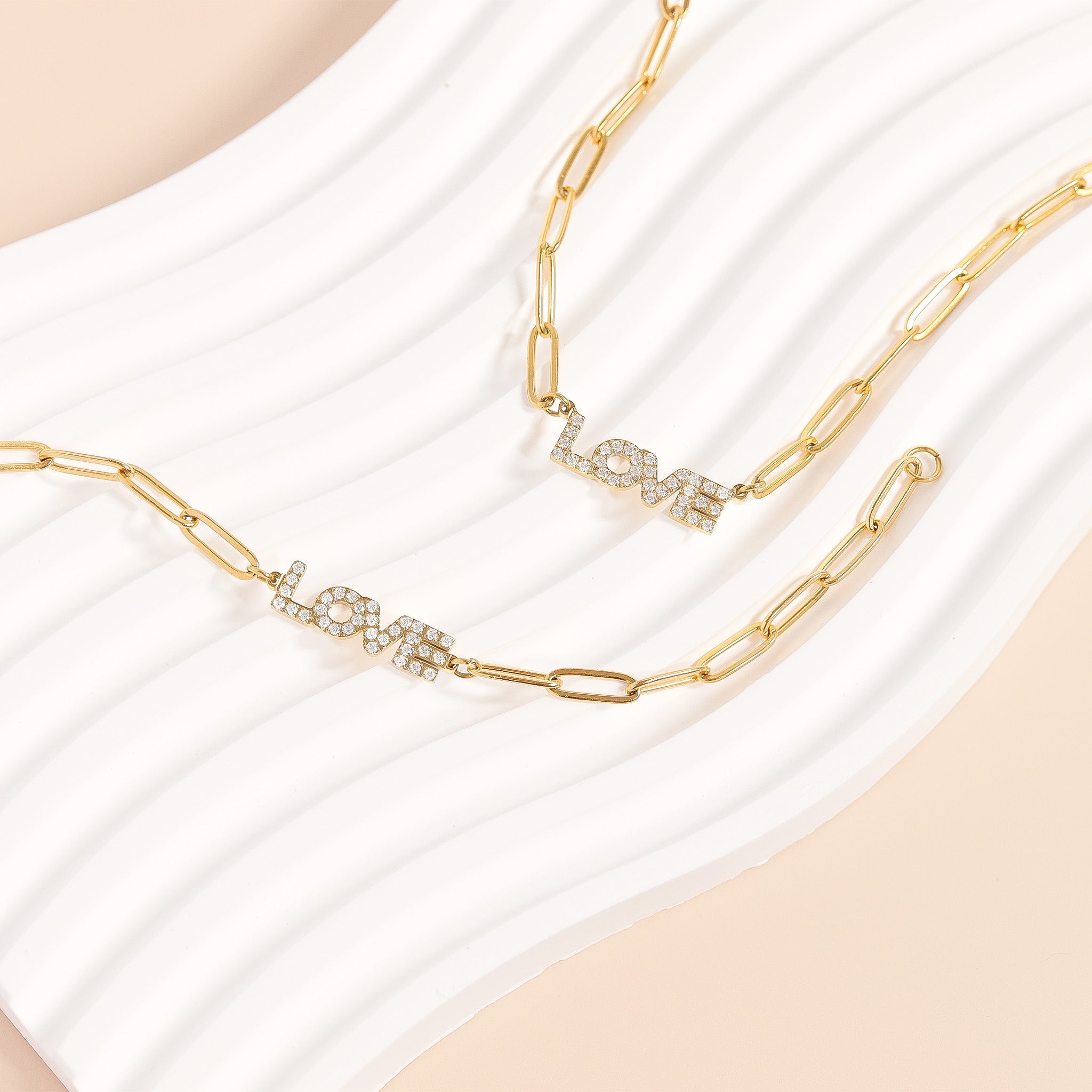 Gold Paperclip Bracelet – Adjustable 18K Gold Chain With CZ Stones & Love Pendant