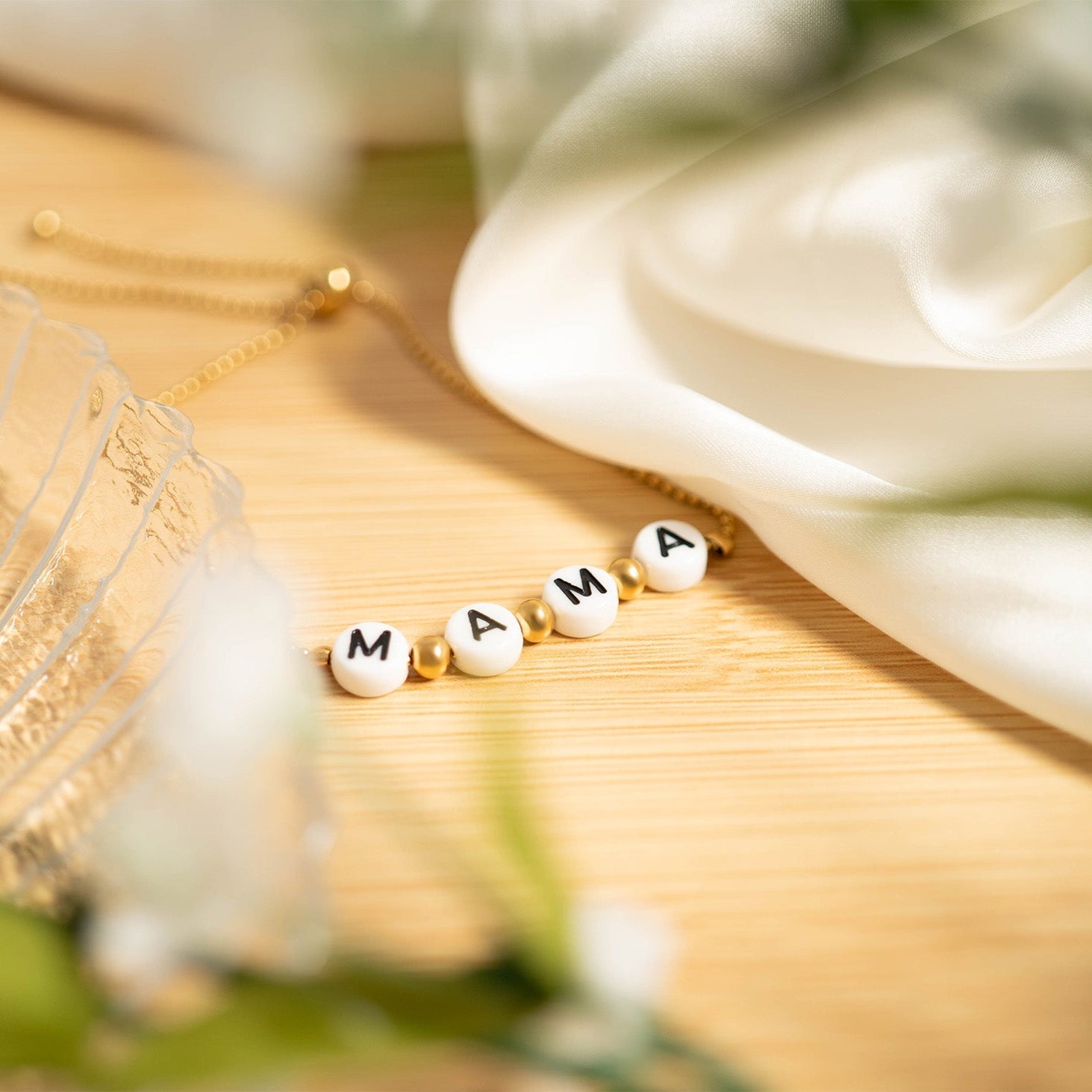 18K gold PVD Stainless Steel Beaded Mama Adjustable Bracelet