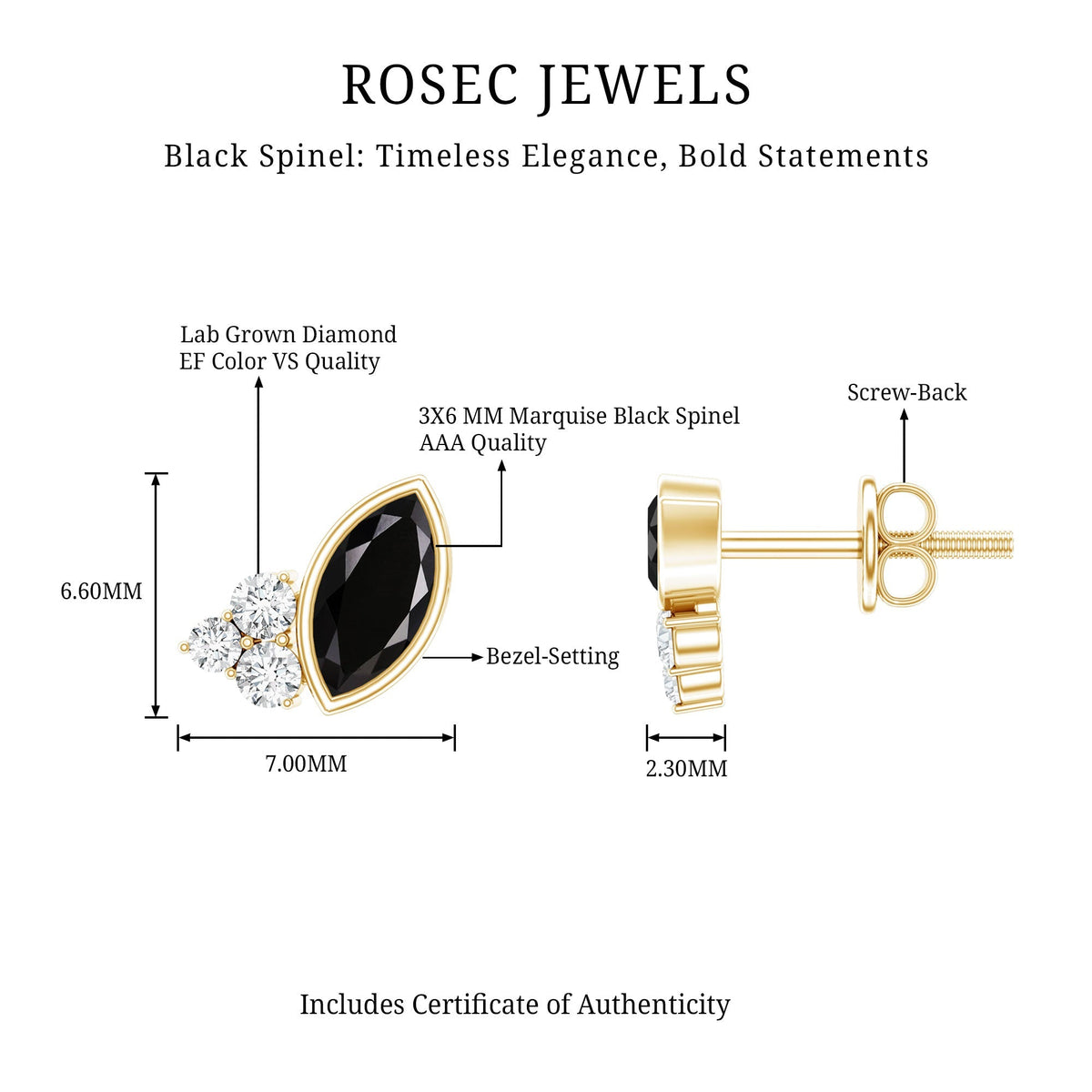 Marquise Cut Black Spinel Stud Earrings with Diamonds