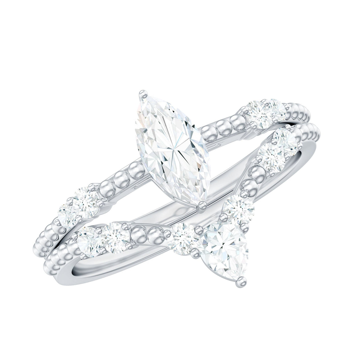 Marquise Cut Moissanite Wedding Ring Set with Beaded Detail