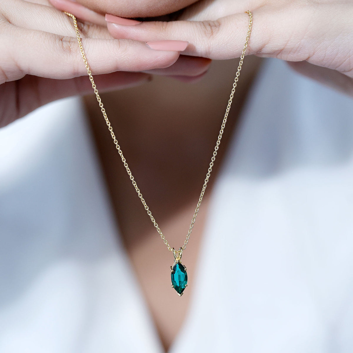 Marquise Emerald Necklace – 2.5 Carat Lab Grown Solitaire Pendant Necklace, 14k Gold Plated