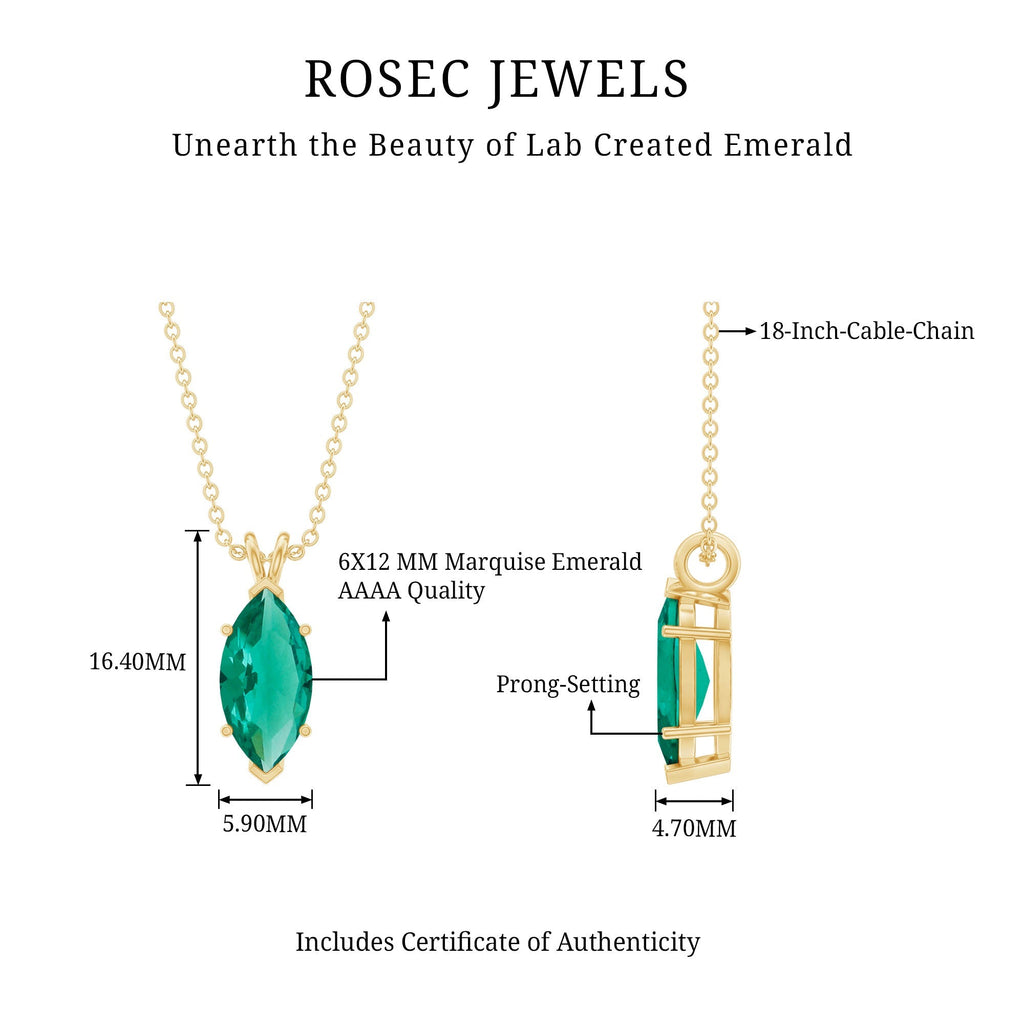 Marquise Emerald Necklace – 2.5 Carat Lab Grown Solitaire Pendant Necklace, 14k Gold Plated