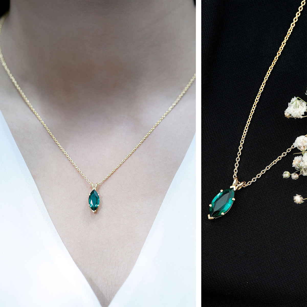 Marquise Emerald Necklace – 2.5 Carat Lab Grown Solitaire Pendant Necklace, 14k Gold Plated