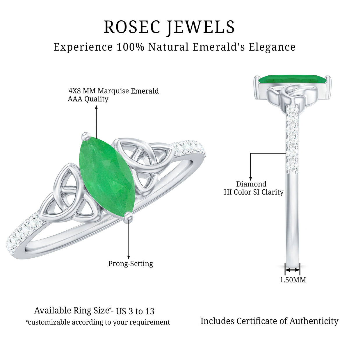 Marquise Emerald Promise Ring – Natural AAA Emerald, Diamond Accent, Celtic Knot Design
