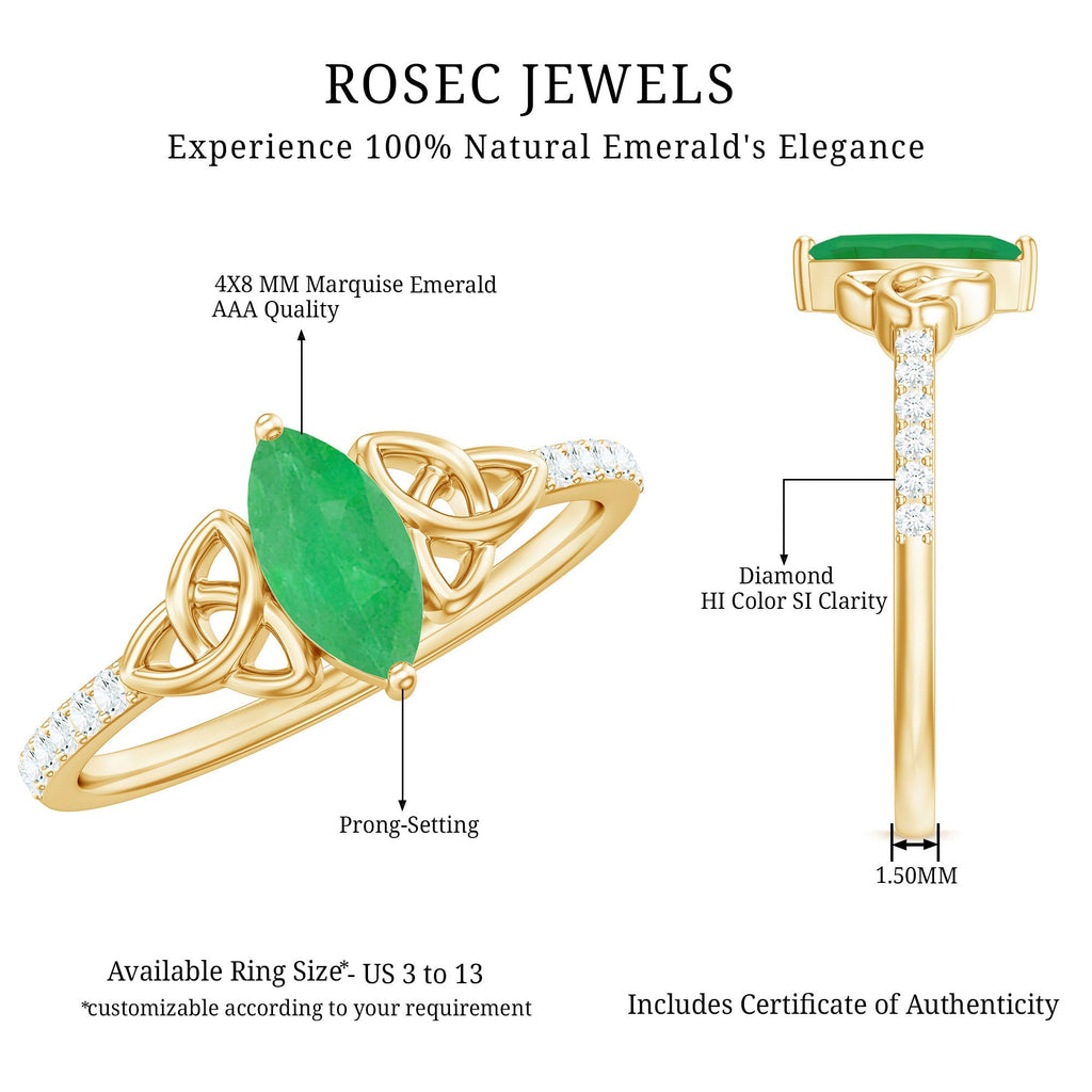 Marquise Emerald Promise Ring – Natural AAA Emerald, Diamond Accent, Celtic Knot Design