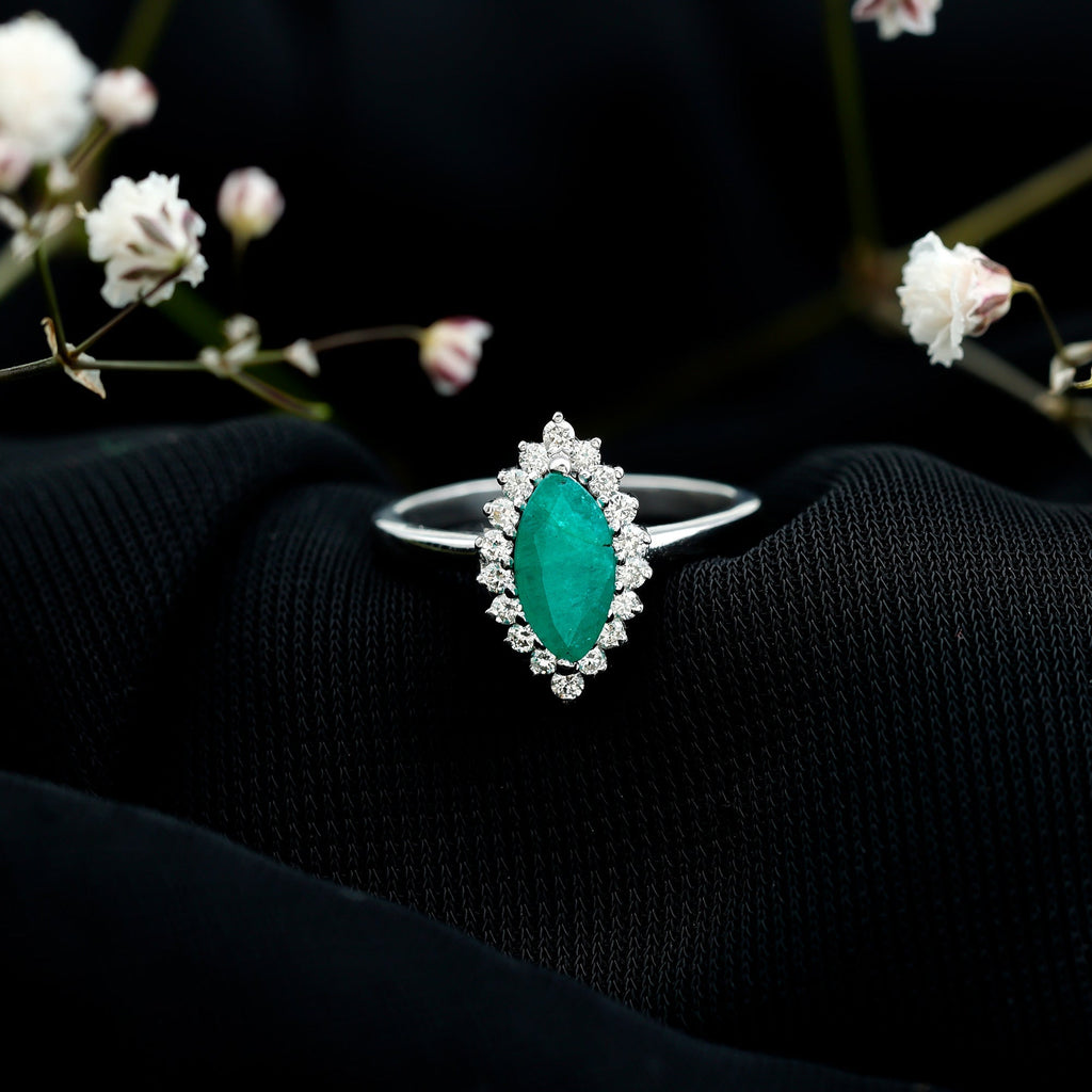 Marquise Emerald Ring – AAA Quality Emerald Engagement Ring with Diamond Halo