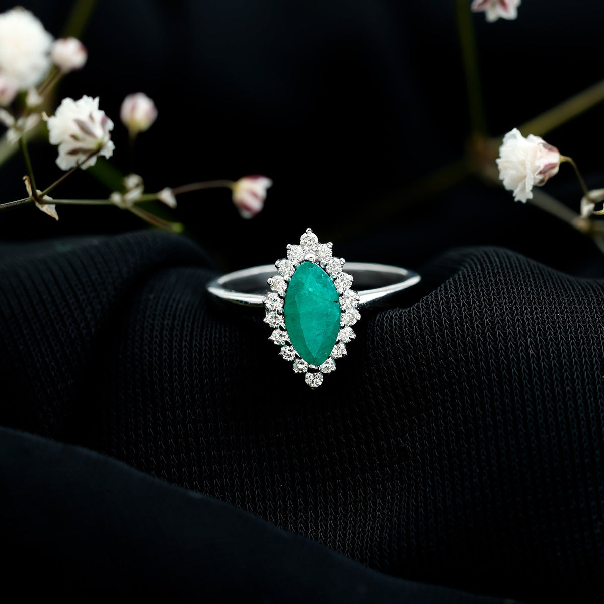 Marquise Emerald Ring – AAA Quality Emerald Engagement Ring with Diamond Halo
